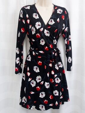 Black Floral Wrap Dress with Red & White Asian Inspired Florals